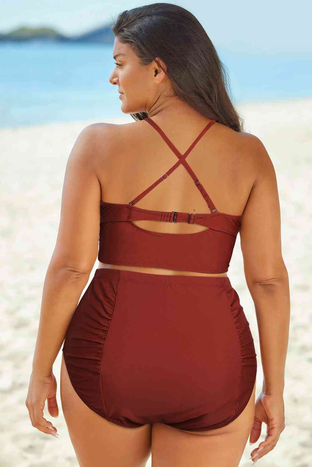 Full Size Halter Neck Crisscross Ruched Two-Piece Swimsuit