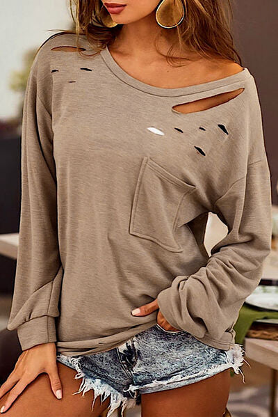 Distressed Pocketed Round Neck Long Sleeve T-Shirt