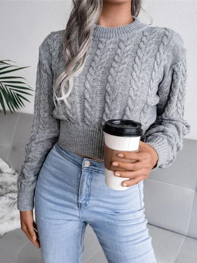 Cable-Knit Round Neck Cropped Sweater