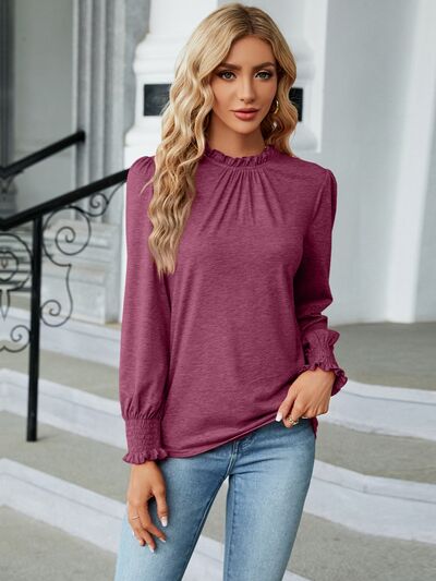 Frill Mock Neck Long Sleeve Blouse