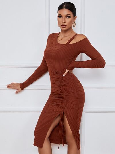 Ribbed Ruched Drawstring Wrap Dress