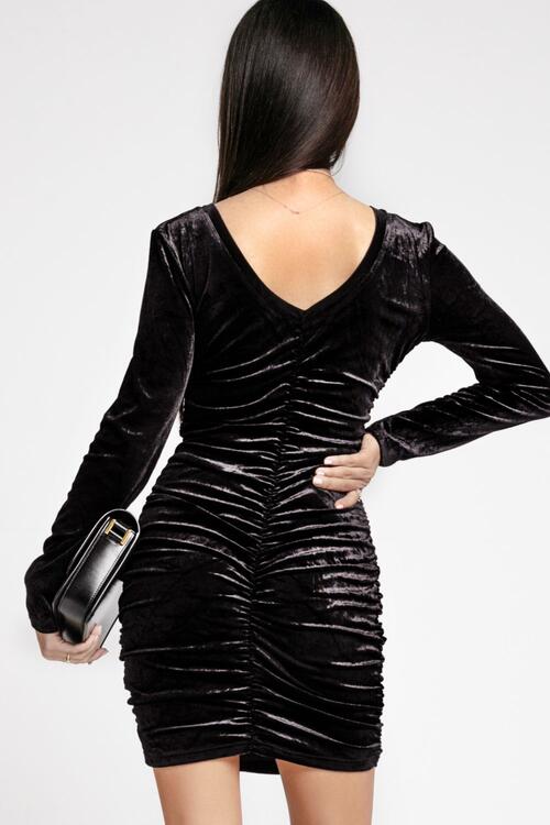 V-Neck Ruched Long Sleeve  Dress