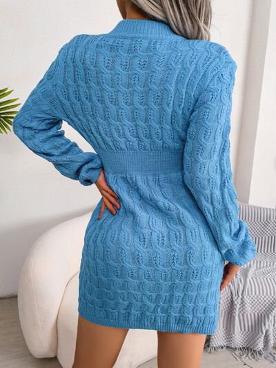 Cable-Knit Round Neck Mini Wrap Sweater Dress