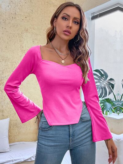 Slit Sweetheart Neck Flare Sleeve T-Shirt