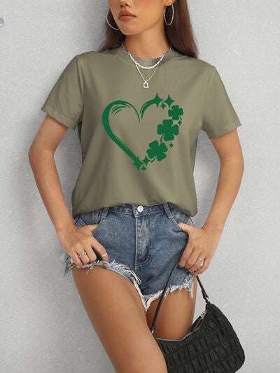 Heart Lucky Clover Round Neck Short Sleeve T-Shirt