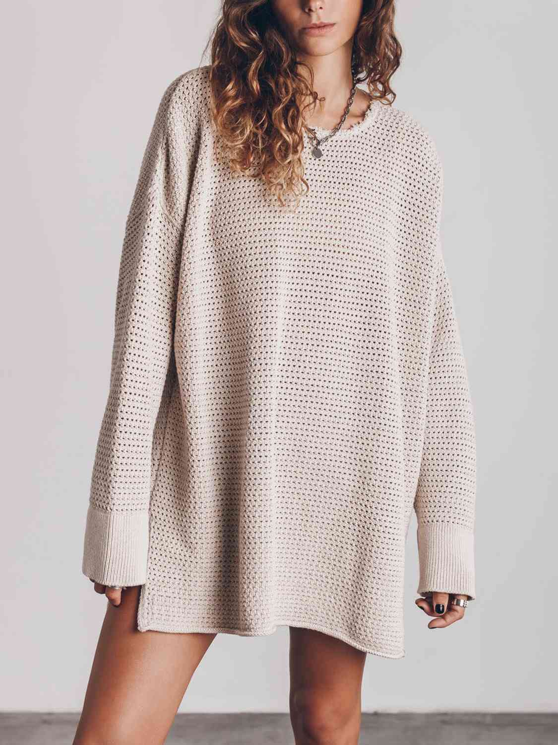 Openwork Round Neck Long Sleeve Slit Sweater