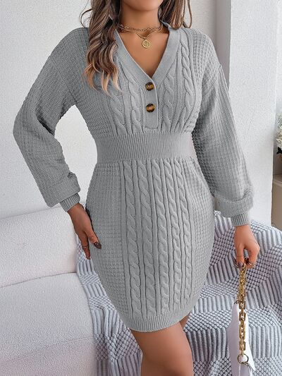 Buttoned Cable-Knit V-Neck Sweater Dress