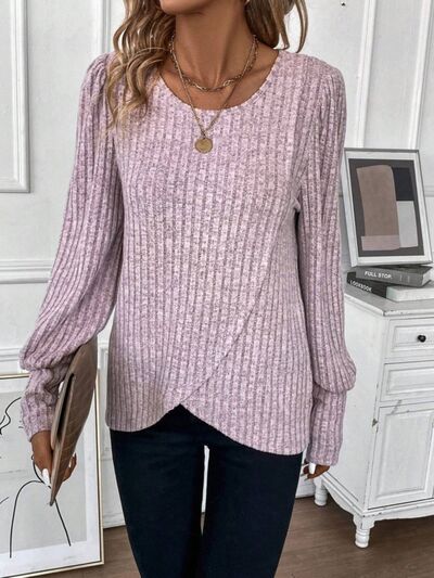 Ribbed Round Neck Long Sleeve Knit Top