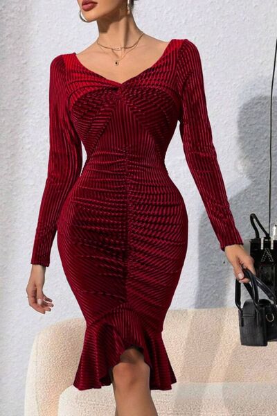 Ruched Twisted Long Sleeve Peplum Dress